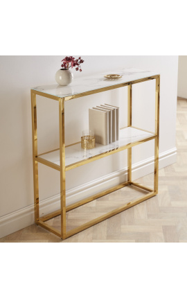 Zephyr Consola en acero dorado y bandeja de vidrio imítation mármol blanco 80 cm