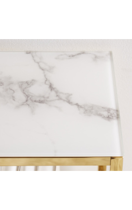 Консоль &quot;Зефир&quot; из позолоченной стали и стеклянной столешницы, имитирующей белый мрамор, 80 см.