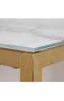 Console "Zephyr" en acier doré et plateau verre imitation marbre blanc 80 cm