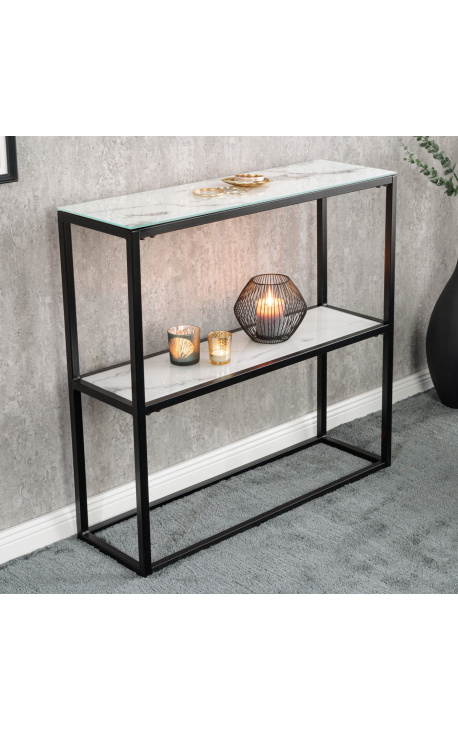 Console "Zephyr" en acier noir et plateau verre imitation marbre blanc 80 cm