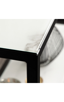 Zephyr Consola en acero negro y bandeja de vidrio imítation mármol blanco 80 cm