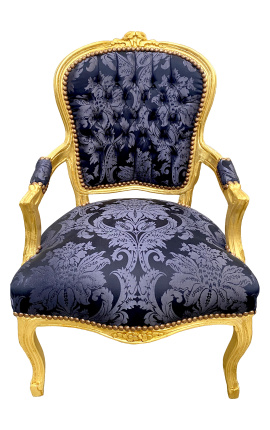 Poltrona barroca estilo Luís XV com tecido de cetim azul "Gobels" e madeira dourada