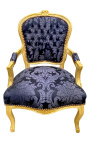 Baroque armchair of Louis XV style with blue and "Gobelins" pattern fabric and gilded wood