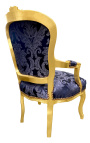 Baroque armstoel in Louis XV-stijl met blauw en "Gobelins" patroon stof en gilded hout