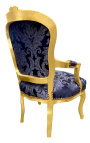 Poltrona estilo barroco Luís XV em tecido acetinado azul com motivos "Gobelins" e madeira dourada