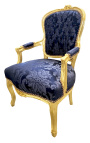 Fauteuil Louis XV de style baroque tissu satiné bleu aux motifs "Gobelins" et bois doré