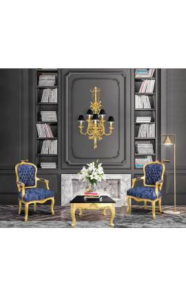 Baroque armchair of Louis XV style with blue and &quot;Gobelins&quot; pattern fabric and gilded wood