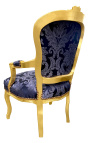 Barok lænestol af Louis XV stil med blå og "Gobelins" mønsterstof og forgyldt træ