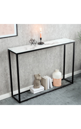 "Zephyr" console in black steel and top glass imitation white marble 110 cm