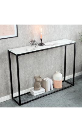 Console "Zephyr" en acier noir et plateau verre imitation marbre blanc 110 cm