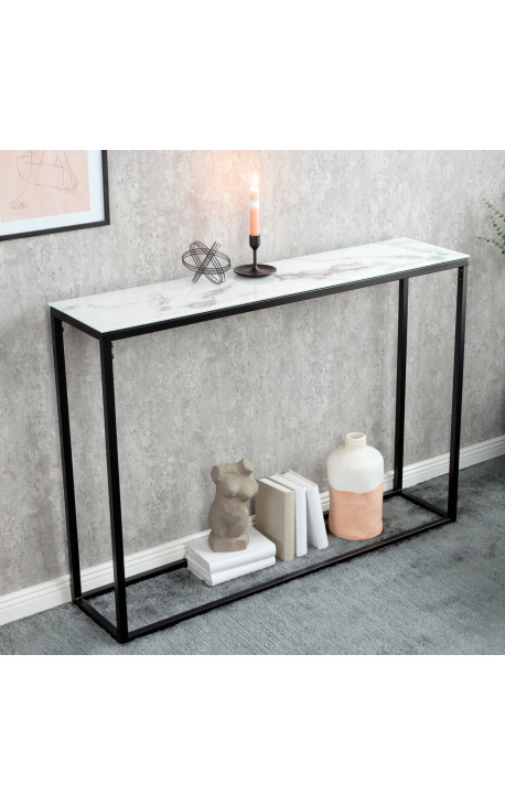 Console "Zephyr" en acier noir et plateau verre imitation marbre blanc 110 cm