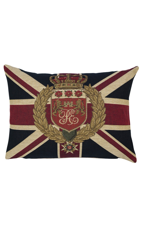 Coussin rectangulaire décor drapeau Anglais et blason avec couronne 45 x 30