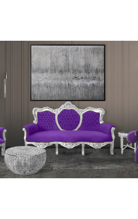 Barroco Sofa tela de terciopelo morado y plata de madera