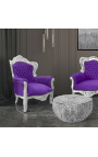Nagy barokk stílusú fotel lila bársony és ezüst fa