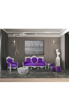 Big baroque style armchair purple velvet and silver wood