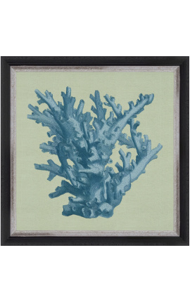 Grabado cuadrado de un coral con marco azul sobre fondo verde - Modelo Chambray 1