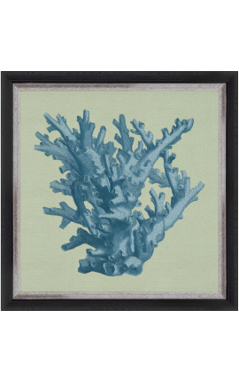 Gravura quadrada de um coral com moldura azul sobre fundo verde - Chambray modelo 1