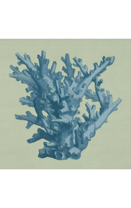 Grabado cuadrado de un coral con marco azul sobre fondo verde - Modelo Chambray 1