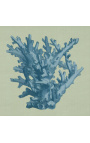 Grabado cuadrado de un coral con marco azul sobre fondo verde - Modelo Chambray 1
