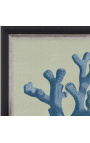 Grabado cuadrado de un coral con marco azul sobre fondo verde - Modelo Chambray 2
