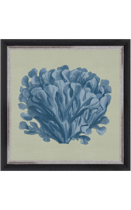 Grabado cuadrado de un coral con marco azul sobre fondo verde - Modelo Chambray 3