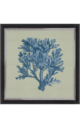 Grabado cuadrado de un coral con marco azul sobre fondo verde - Modelo Chambray 4