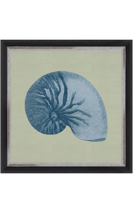 Gravura quadrada de uma concha com moldura azul sobre fundo verde - Modelo Chambray 7