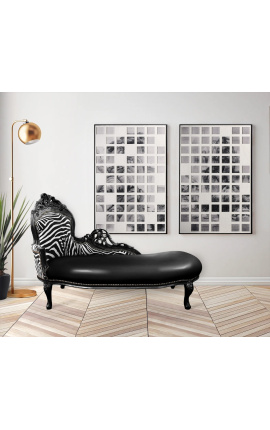 Grande chaise longue barocca similpelle nera e schienale zebrato e legno nero