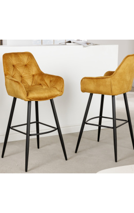 2 bar stoelen "Tokio" ontwerp in mustard velvet