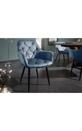 Set of 2 dining chairs &quot;Tokyo&quot; contemporary petrol blue velvet