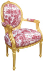 [Limited Edition] Louis XVI Barock-Stil Sessel mit toile de Jouy Stoff und vergoldetem Holz