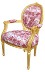 [Limited Edition] Louis XVI Barock-Stil Sessel mit toile de Jouy Stoff und vergoldetem Holz