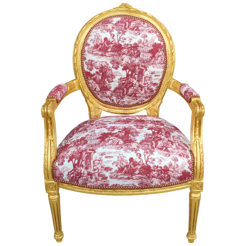 Louis XVI Poltrona in stile, tessuto di toeli rossi de jouy, legno d'oro