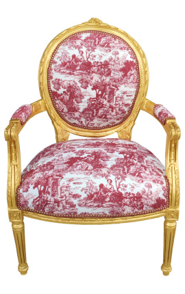 [Limited Edition] Louis XVI Barock-Stil Sessel mit toile de Jouy Stoff und vergoldetem Holz