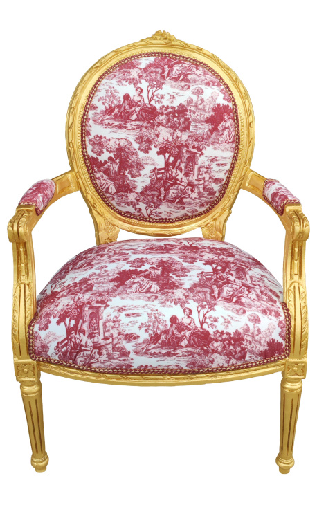 [Edition Limitée] Fauteuil Louis XVI de style baroque tissu toile de Jouy et bois doré