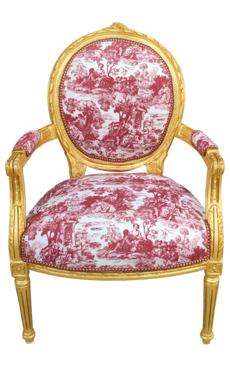 [Limited Edition] Louis XVI barokni sedež s tkanino toile de Jouy in pozlačenim lesom