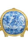 [Edition Limitée] Fauteuil Louis XVI de style baroque tissu toile de Jouy bleu et bois doré