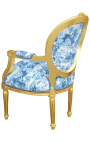 [Edition Limitée] Estilo Luís XVI poltrona barroca tecido azul Jouy lona e madeira dourada