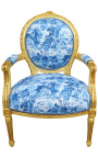 [Edition Limitée] Fauteuil Louis XVI de style baroque tissu toile de Jouy bleu et bois doré