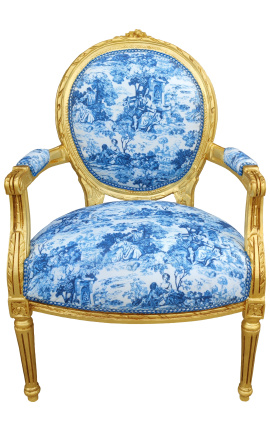 [Лимитированное издание] Кресло в стиле барокко эпохи Louis XVI с синей тканью toile de Jouy и позолоченным деревом