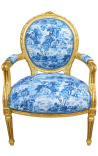 [Edition Limitée] Fauteuil Louis XVI de style baroque tissu toile de Jouy bleu et bois doré
