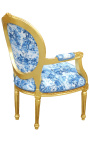 [Edition Limitée] Fauteuil Louis XVI de style baroque tissu toile de Jouy bleu et bois doré - 18