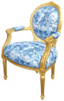 [Edition Limitée] Fauteuil Louis XVI de style baroque tissu toile de Jouy bleu et bois doré