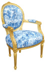 [Edition Limitée] Fauteuil Louis XVI de style baroque tissu toile de Jouy bleu et bois doré