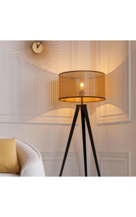 &quot;Anna&quot; floor lamp with caned lampshade and black metal base