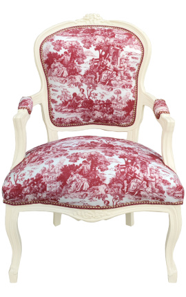 [Edition Limitée] Fauteuil de style Louis XV tissu toile de Jouy et bois beige patiné