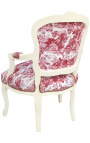 [Limited Edition] Armchair of Louis XV style toile de Jouy and beige wood patinated