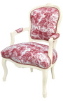 [Limited Edition] Armchair of Louis XV style toile de Jouy and beige wood patinated