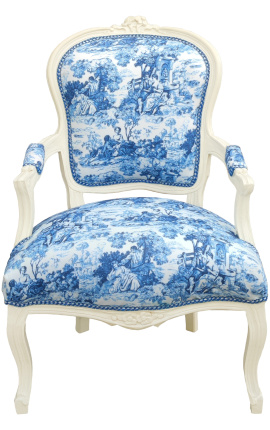 [Limited Edition] Stolsstol av Louis XV stil toile de Jouy blå & beige patinerat trä