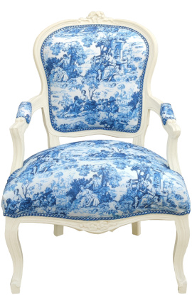 [Limited Edition] Armchair of Louis XV style toile de Jouy blue & beige patinated wood